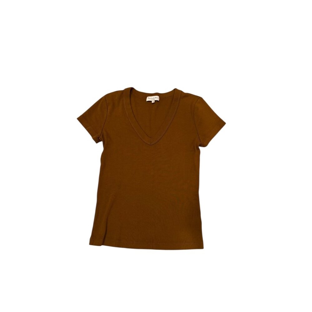 Michael Stars Womens Tobacco Brown Ribbed V-Neck Short Sleeve Cotton Tee XS‎